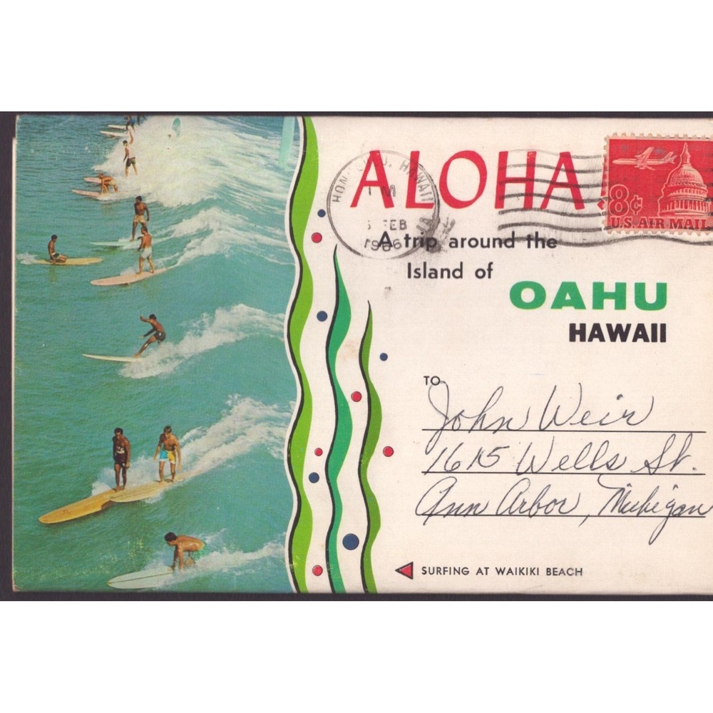 Vintage 1968 Aloha Oahu Hawaii Souvenir Photo Mailer Surfing Waikiki Beach